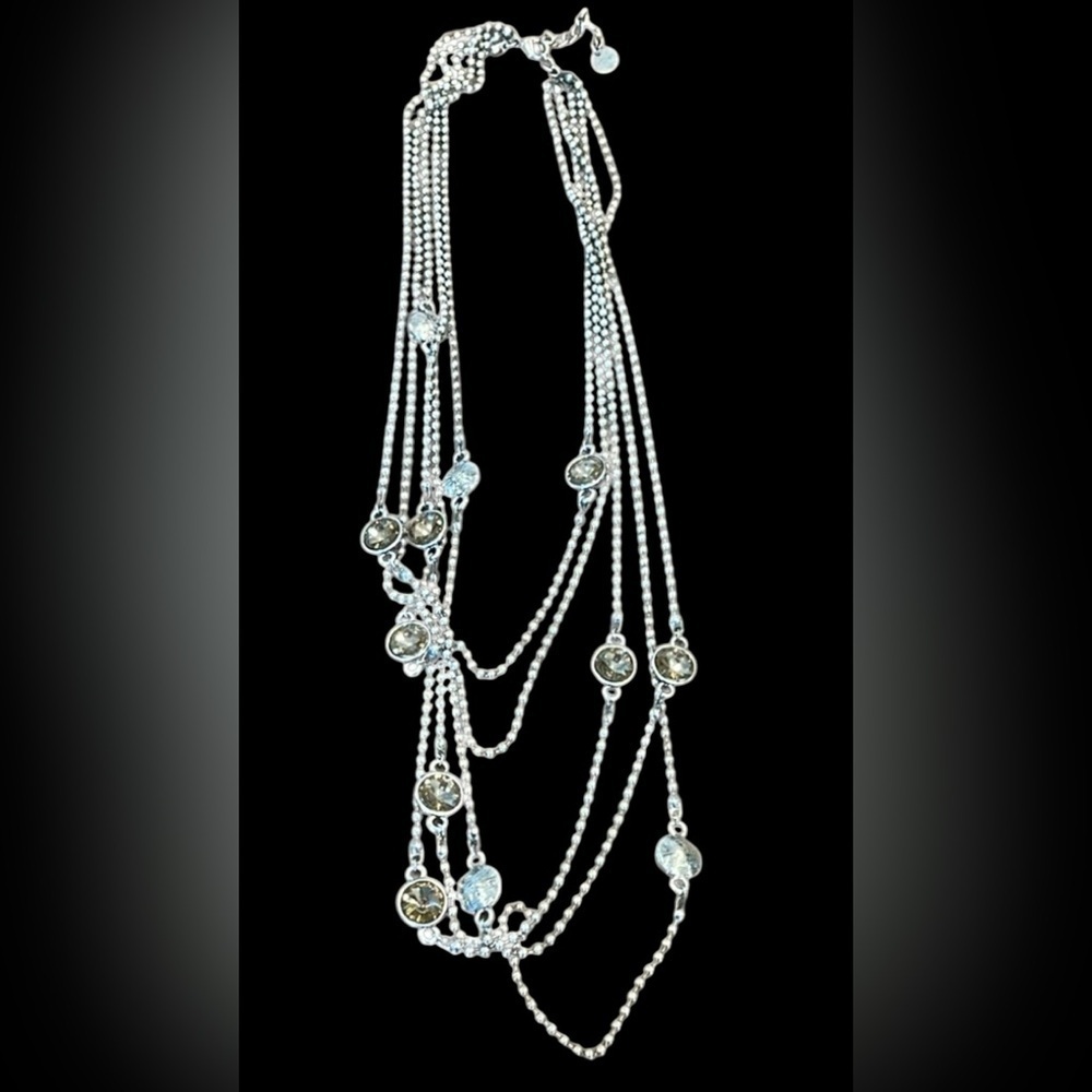 Sweet Lola 5 Strand Beaded Chain Faceted Rhinestone Statement Necklace Silver